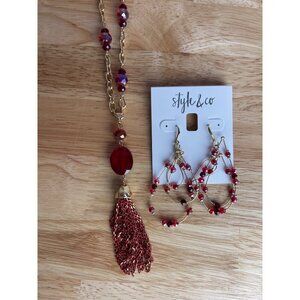 Style & Co Red Bead Tassel Long Necklace & Earrings Set